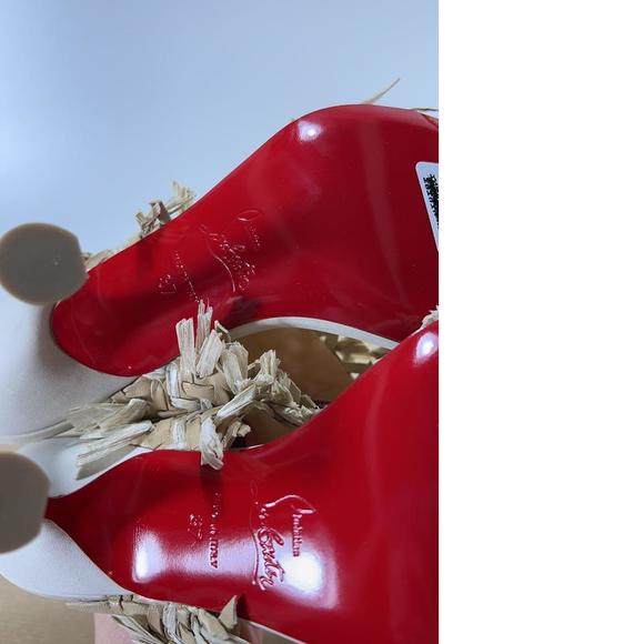 Meroine 85mm raffia Tan Woven fringe heels mules D985 - Picture 7 of 11